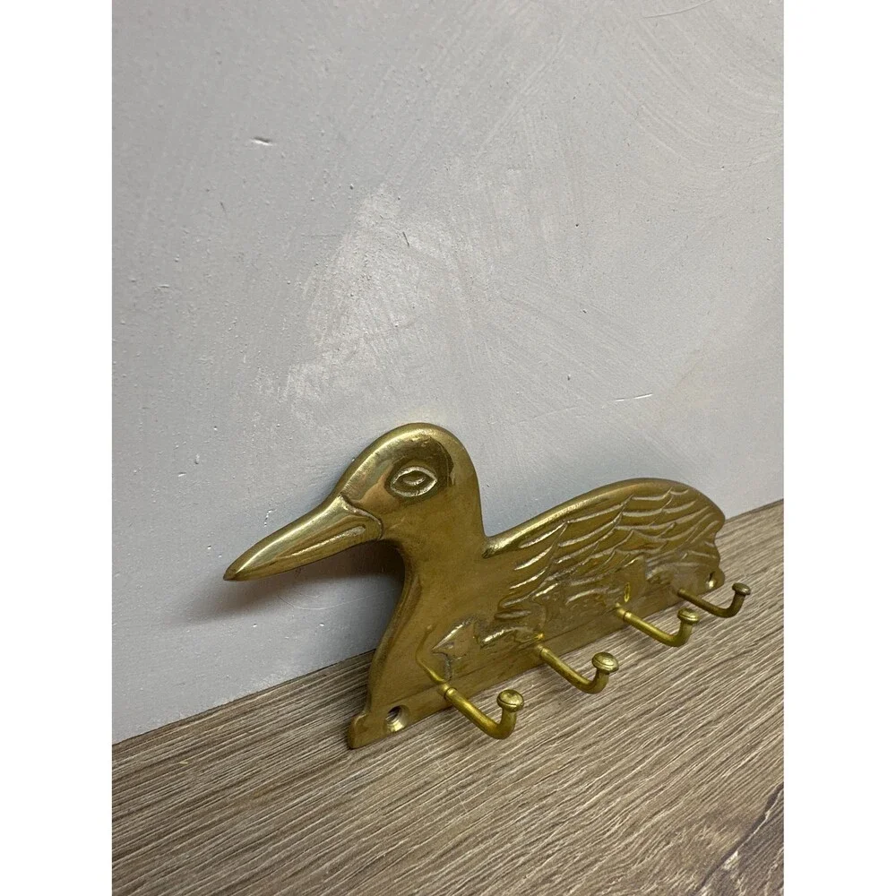Vintage Solid Brass Duck Key Rack Wall Mount 4-Hook Cottagecore Upper Deck LTD